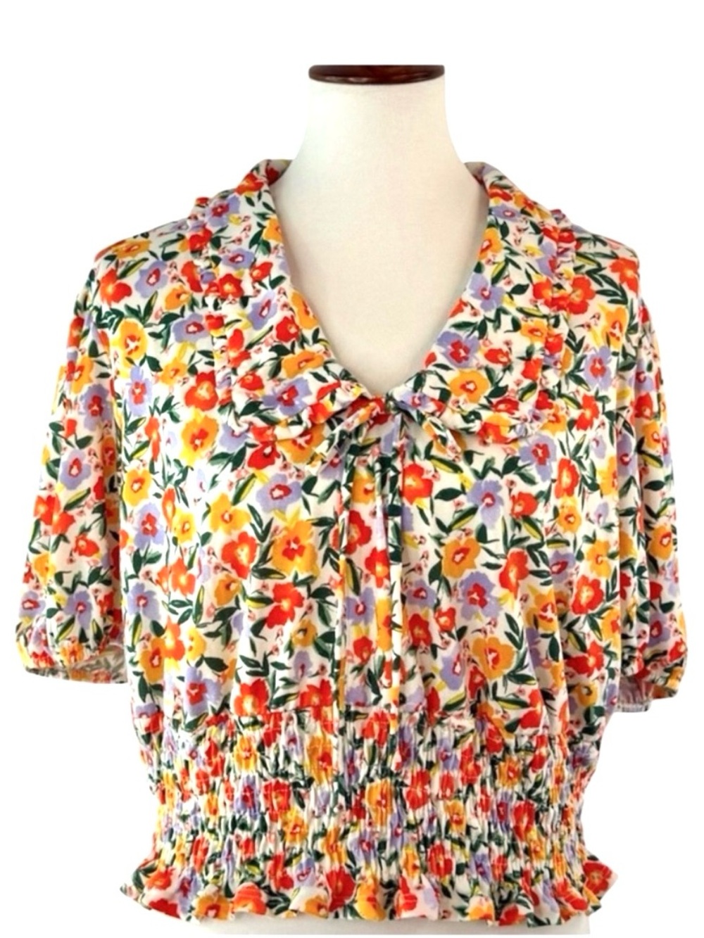 S.C. Society Orange Floral Short Sleeve Smocked Ruffled Crop Blouse XL